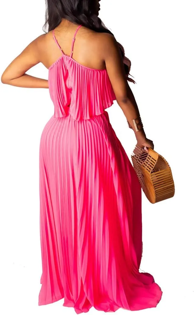 Aro Lora Women's Sexy Chiffon Sleeveless Ruffle Crop Top Pleated Long Skirt 2 Piece Maxi Dress