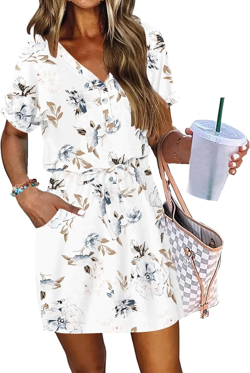 AUSELILY Womens Summer Dress 2025 Casual Short Sleeve Sundress V Neck Tie Button Beach Swing Dresses with Pockets