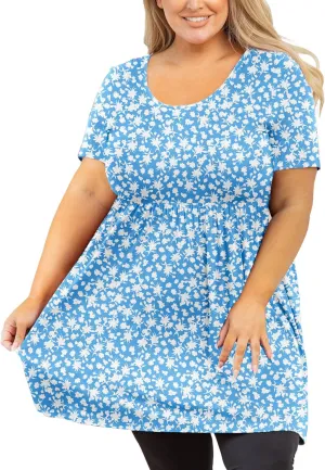 AusLook Women's Plus Size Tunic Short Sleeve Clothes Scoop Neck Summer Tops Pleated Flowy Loose Fit Babydoll T Shirt L-5X