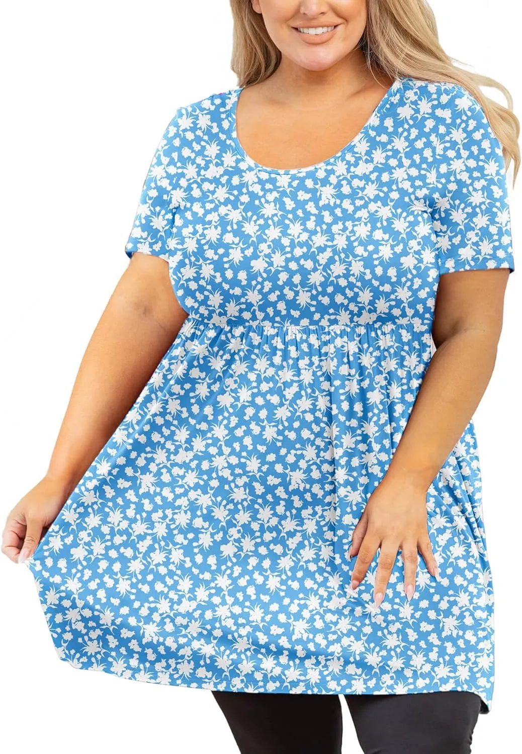 AusLook Women's Plus Size Tunic Short Sleeve Clothes Scoop Neck Summer Tops Pleated Flowy Loose Fit Babydoll T Shirt L-5X