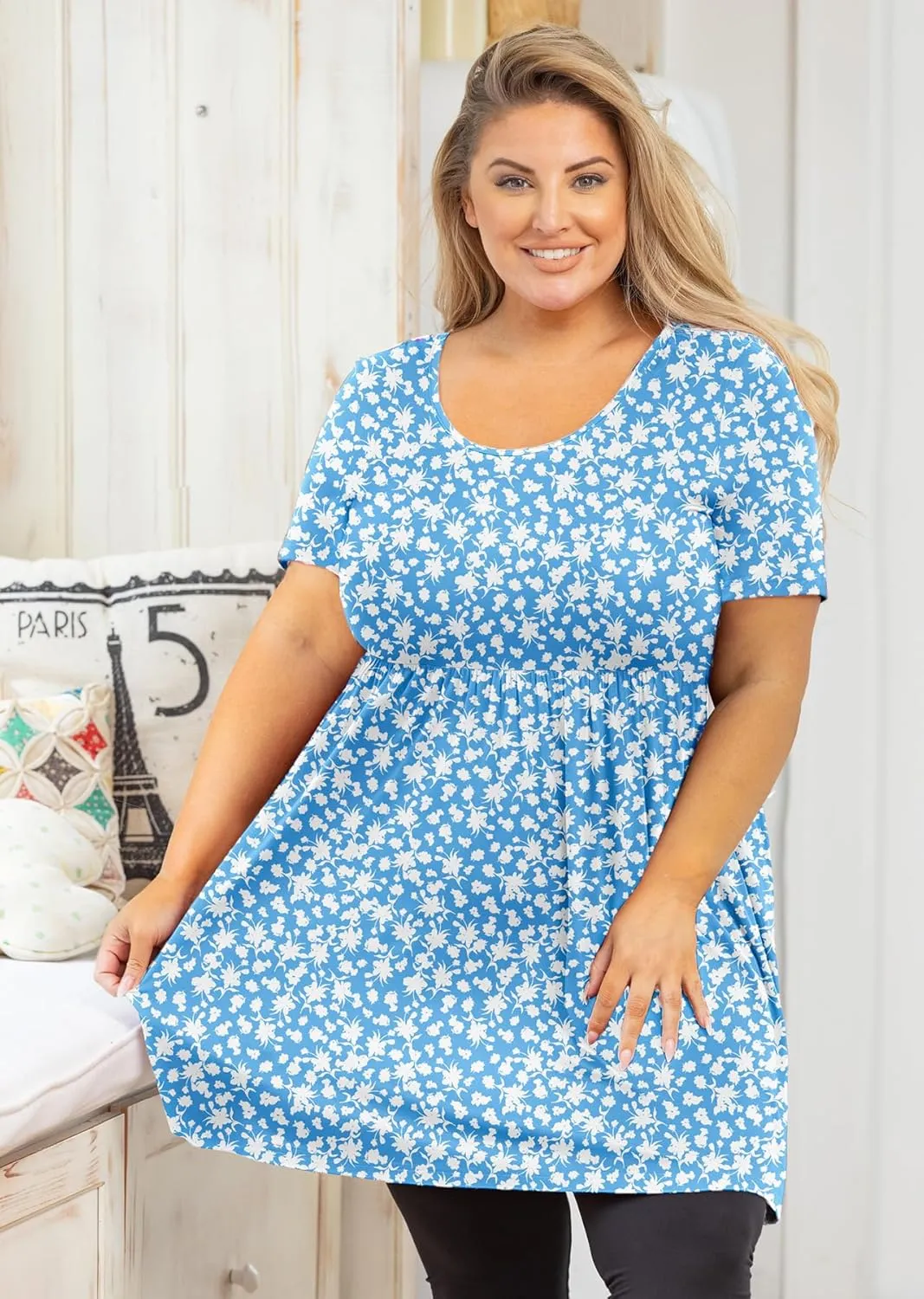 AusLook Women's Plus Size Tunic Short Sleeve Clothes Scoop Neck Summer Tops Pleated Flowy Loose Fit Babydoll T Shirt L-5X