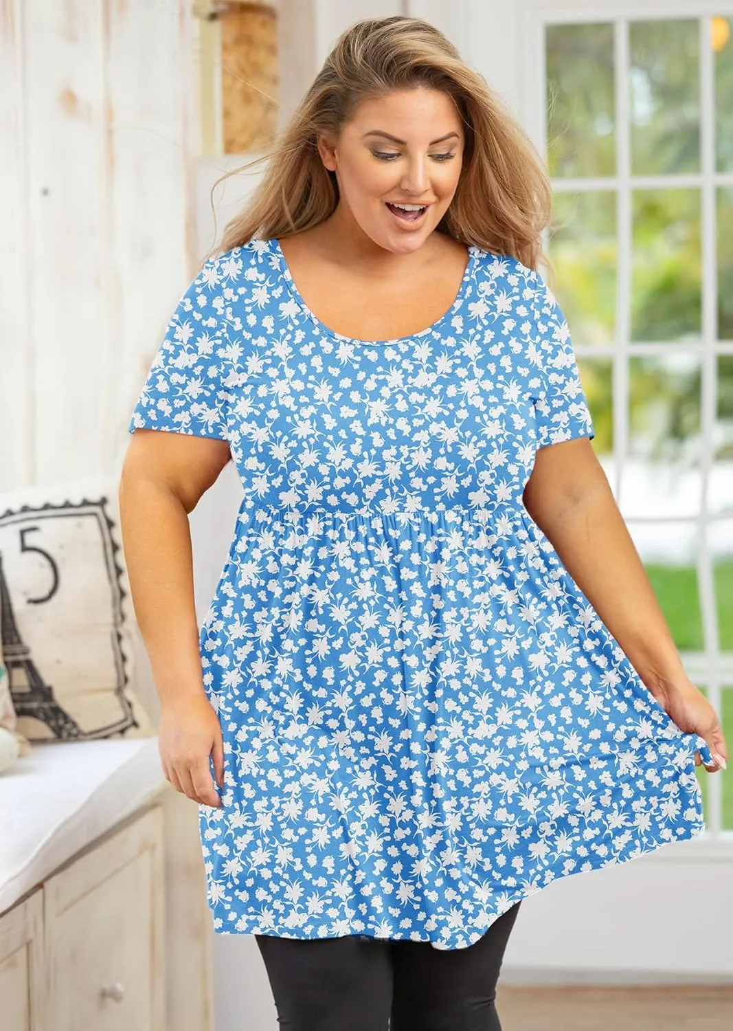 AusLook Women's Plus Size Tunic Short Sleeve Clothes Scoop Neck Summer Tops Pleated Flowy Loose Fit Babydoll T Shirt L-5X