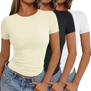 AUTOMET Womens 3 Piece Short Sleeve Shirts Basic Going Out Slim Fitted Crop Tops 2025 Summer Y2k Clothes