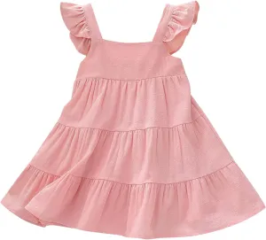 Baby Mini Dress Toddler Kids Baby Girls Linen Vintage Dress Ruffle Retro Solid Girl Dresses Boho (Pink, 1-2 Years)