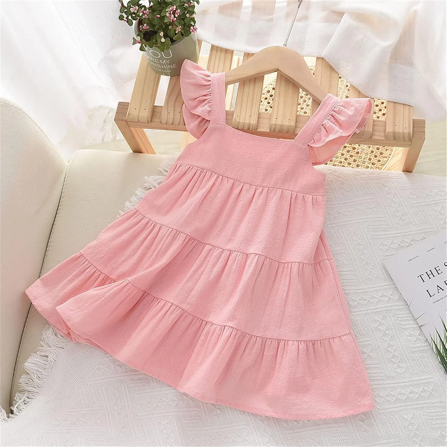 Baby Mini Dress Toddler Kids Baby Girls Linen Vintage Dress Ruffle Retro Solid Girl Dresses Boho (Pink, 1-2 Years)