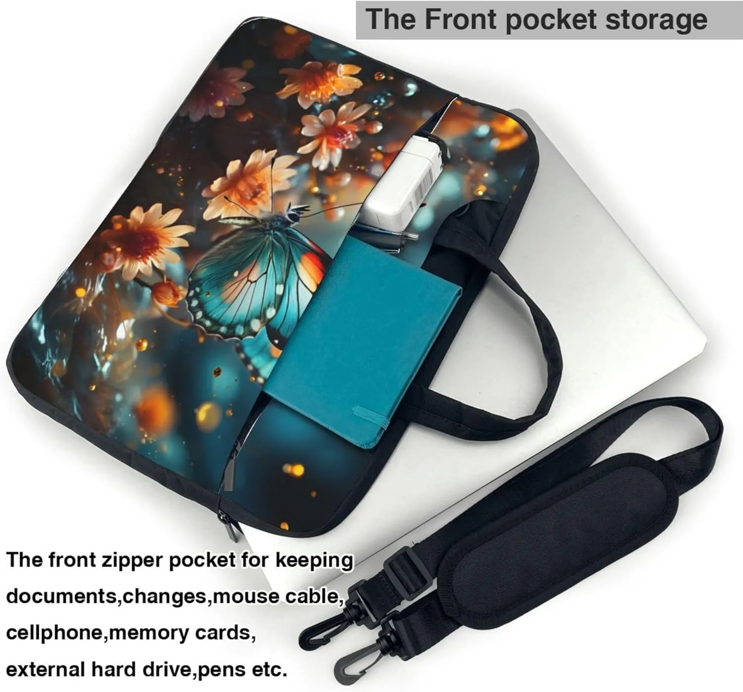 Beautiful Butterfly Flowers Laptop Shoulder Bag for Women, Laptop Sleeve Case Durable Computer Bag