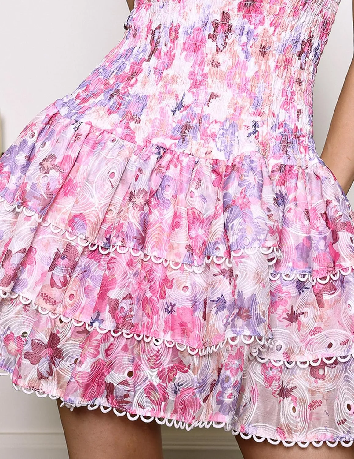 BELLA BARNETT Chic Floral Dress for Women Strapless Ruffle Dress Pink Vacation Dress Sleeveless Sun Dress