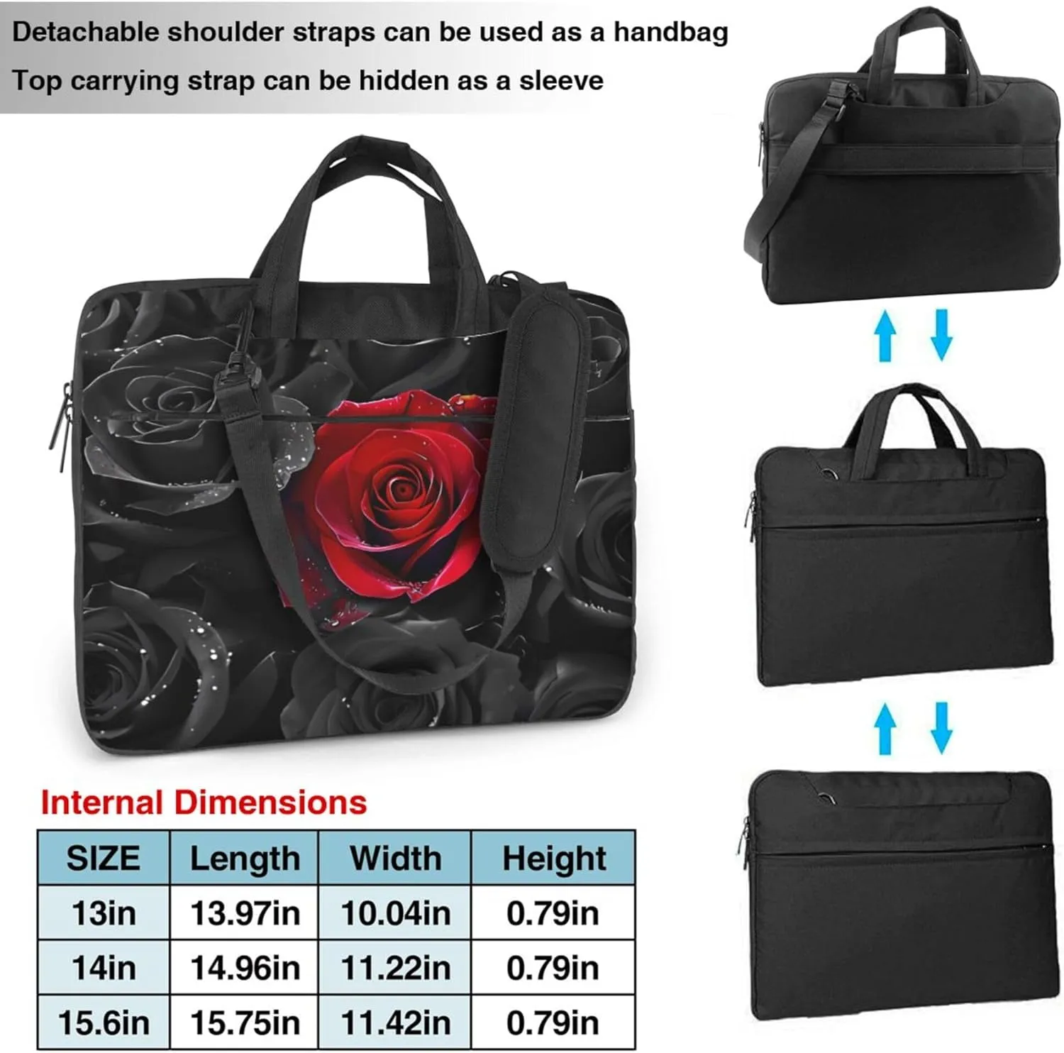 Black and Red Roses Laptop Shoulder Bag for Women, Laptop Sleeve Case Durable Computer Bag