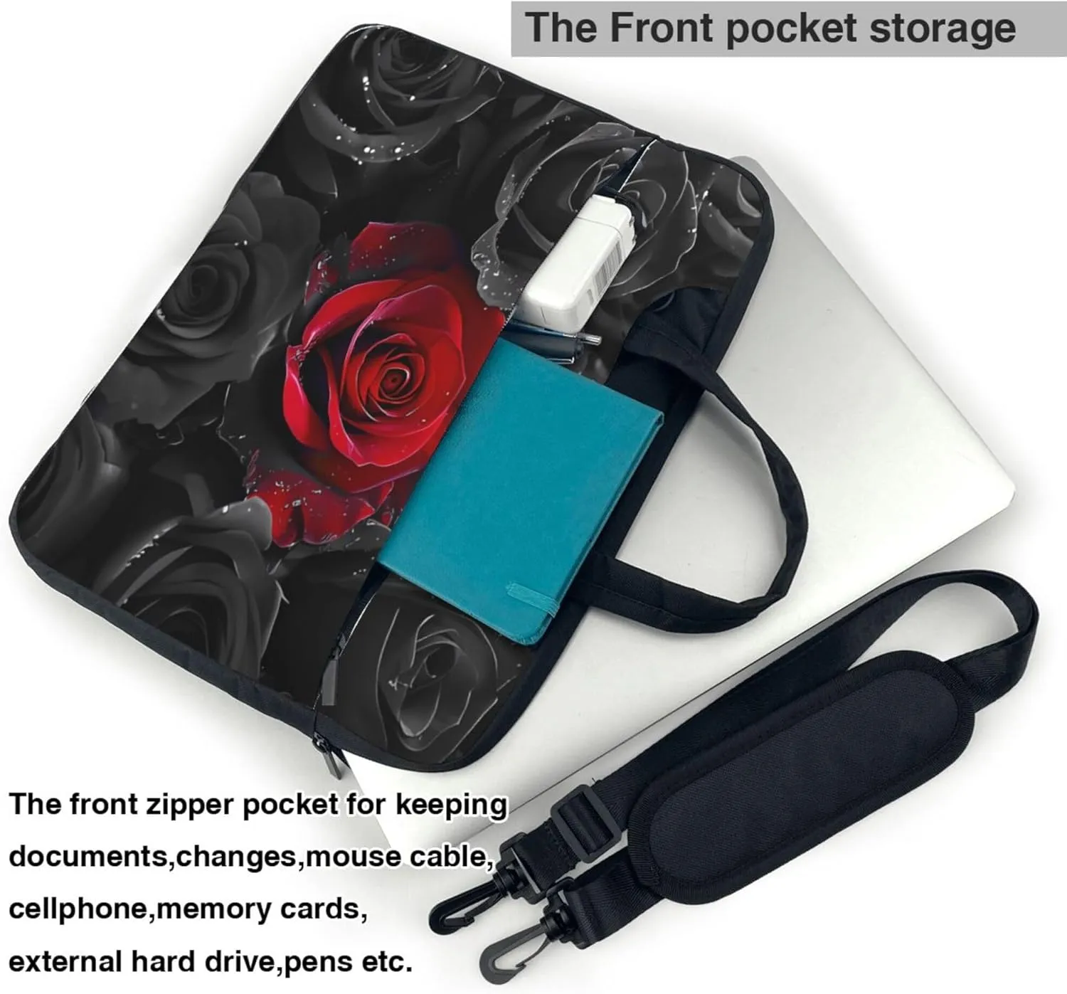 Black and Red Roses Laptop Shoulder Bag for Women, Laptop Sleeve Case Durable Computer Bag