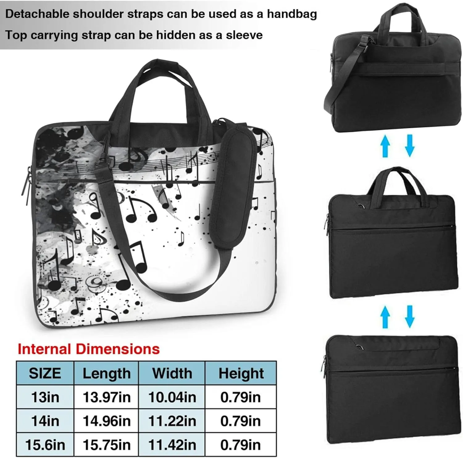 Black and White Music Notes Laptop Shoulder Bag for Women, Laptop Sleeve Case Durable Computer Bag