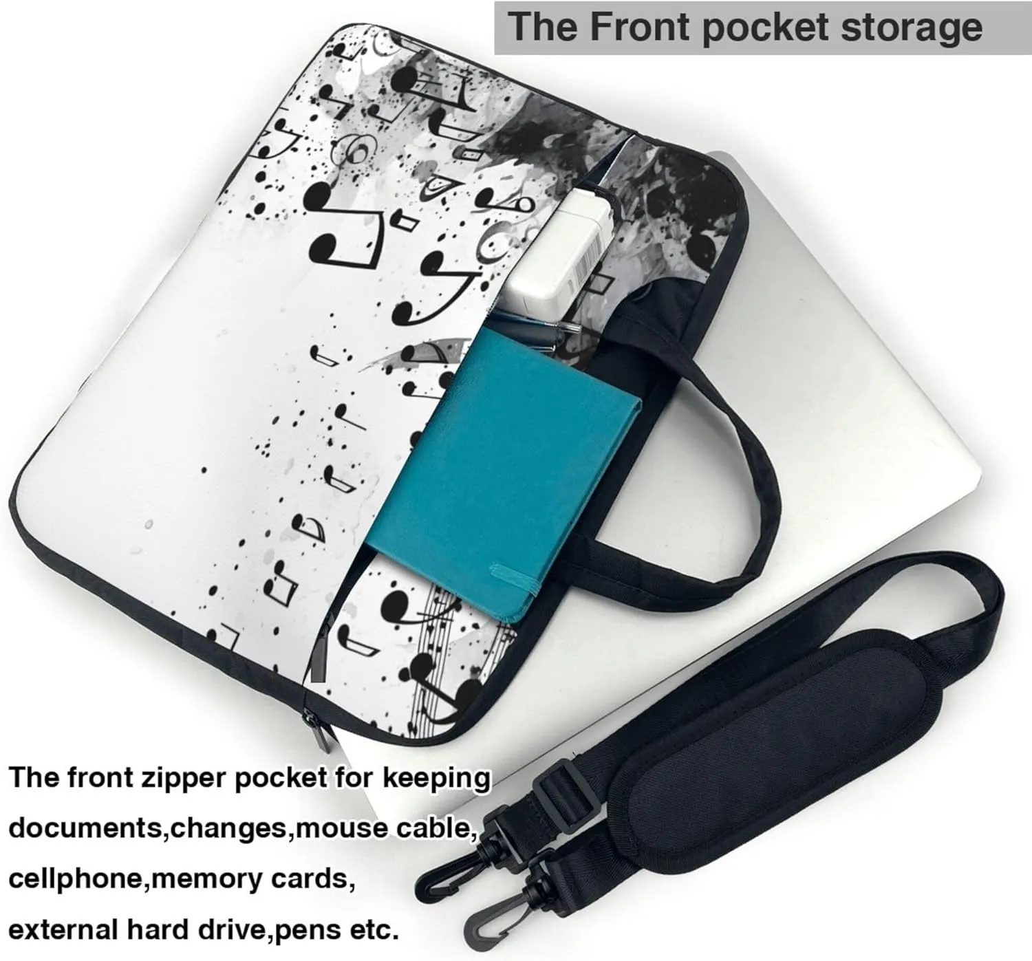 Black and White Music Notes Laptop Shoulder Bag for Women, Laptop Sleeve Case Durable Computer Bag