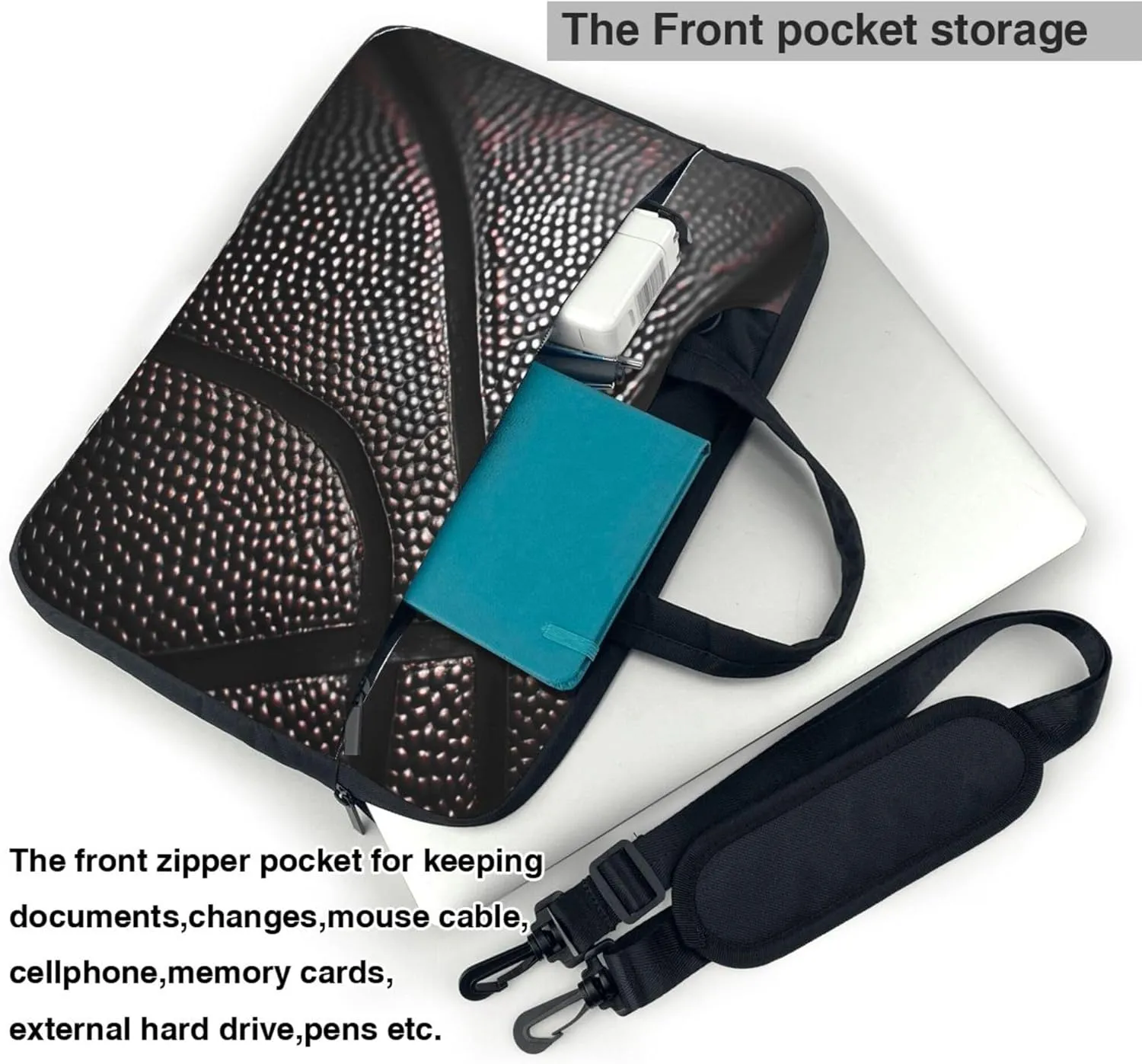 Black Basketball Ball Print Laptop Shoulder Bag for Women, Laptop Sleeve Case Durable Computer Bag