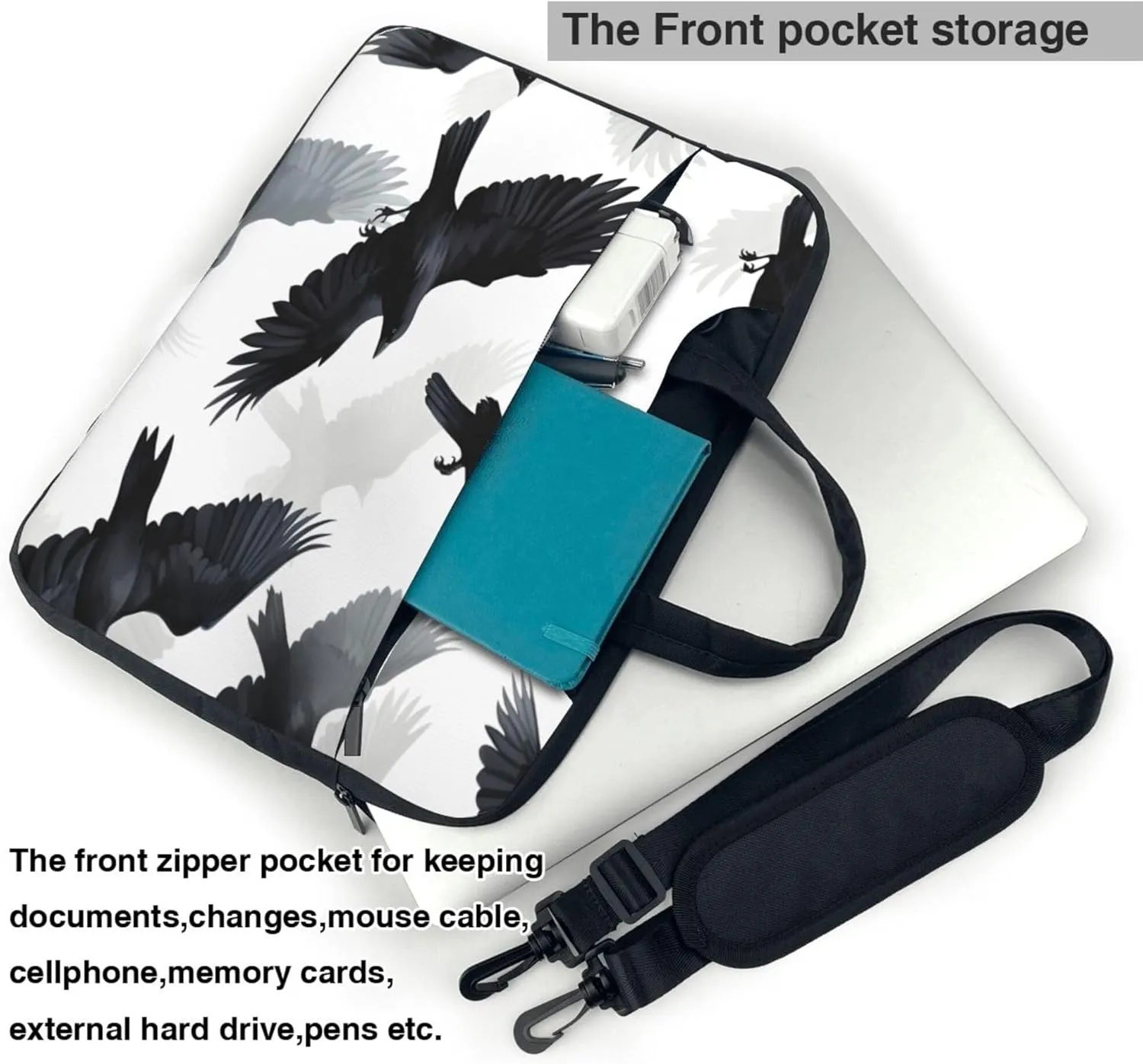 Black Crow Bird Laptop Shoulder Bag for Women, Laptop Sleeve Case Durable Computer Bag