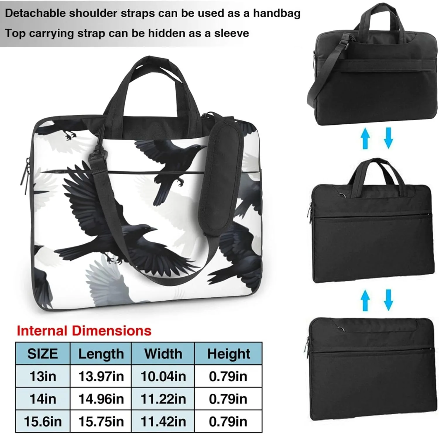 Black Crow Bird Laptop Shoulder Bag for Women, Laptop Sleeve Case Durable Computer Bag