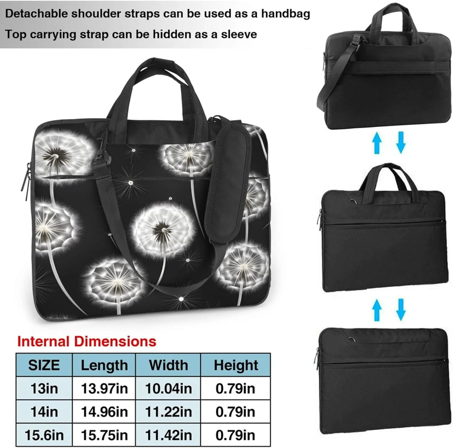 Black Dandelion Painted Laptop Shoulder Bag for Women, Laptop Sleeve Case Durable Computer Bag