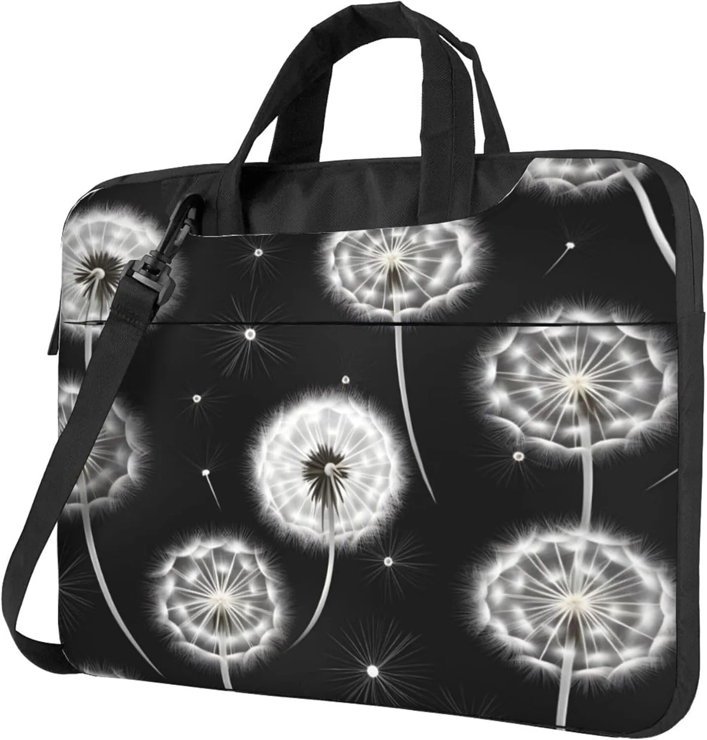 Black Dandelion Painted Laptop Shoulder Bag for Women, Laptop Sleeve Case Durable Computer Bag