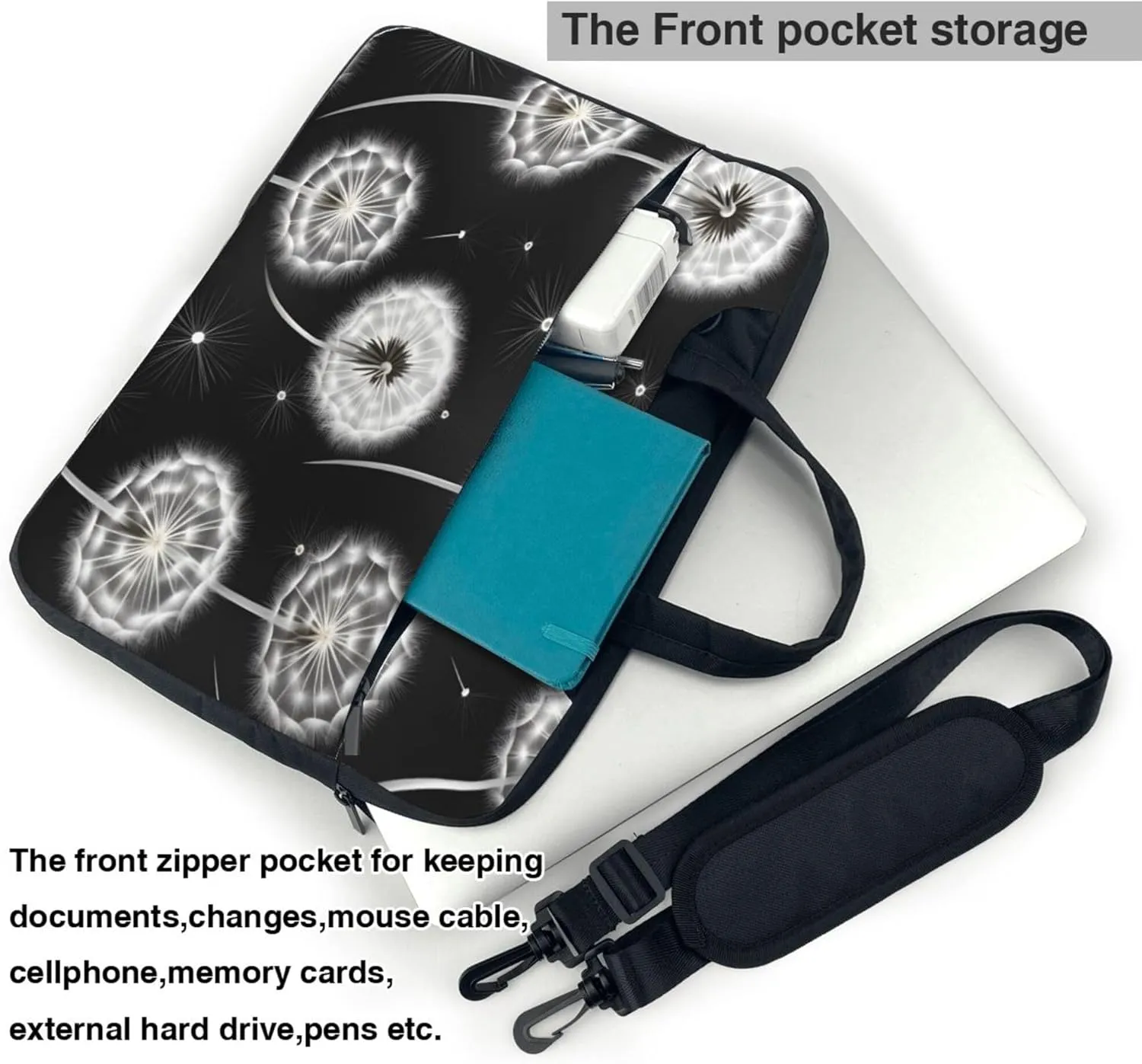 Black Dandelion Painted Laptop Shoulder Bag for Women, Laptop Sleeve Case Durable Computer Bag