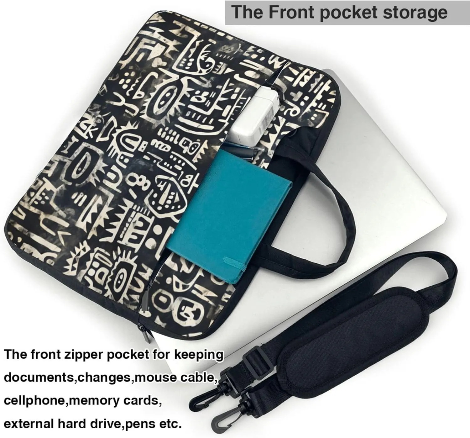 Black Ethnic Pattern Laptop Shoulder Bag for Women, Abstract Painted Laptop Sleeve Case Durable Computer Bag