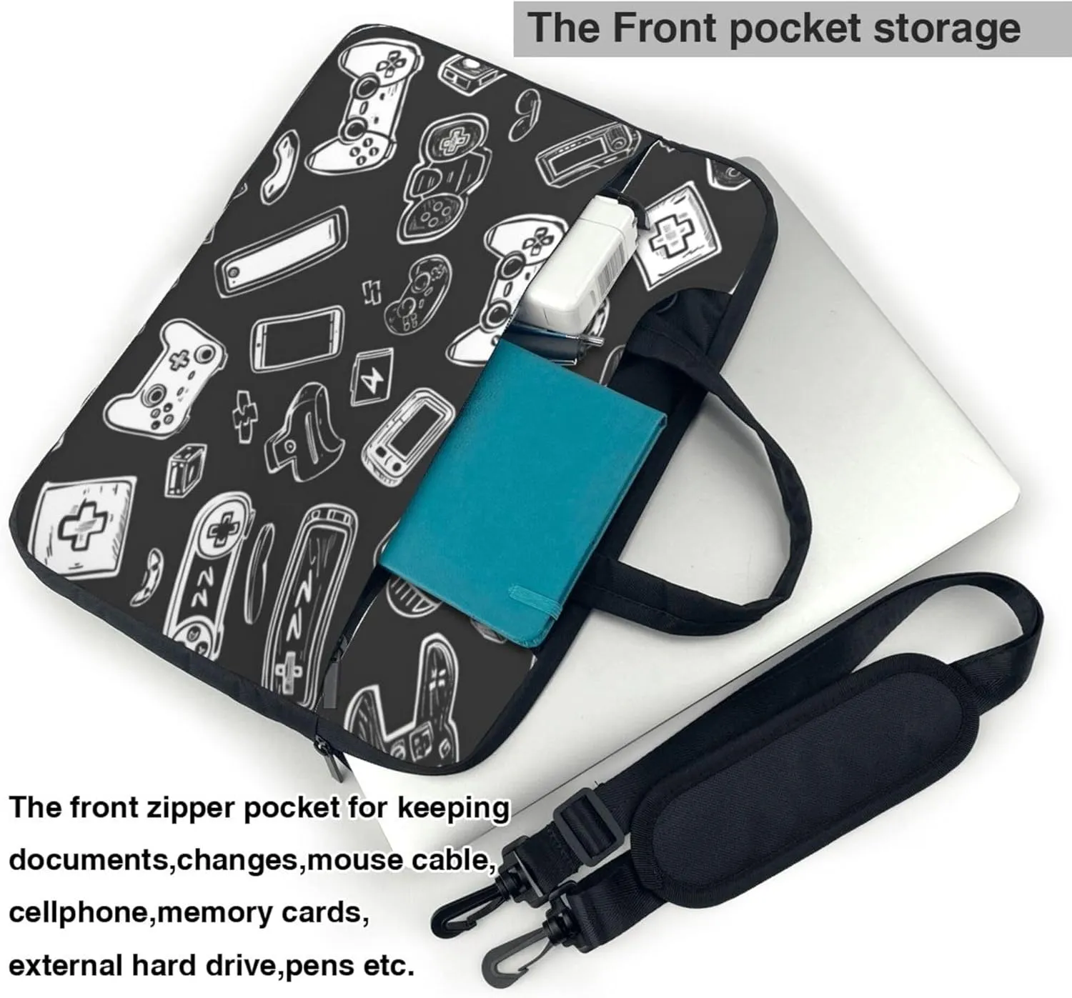 Black Gamepad Laptop Shoulder Bag for Women, Game Pattern Laptop Sleeve Case Durable Computer Bag