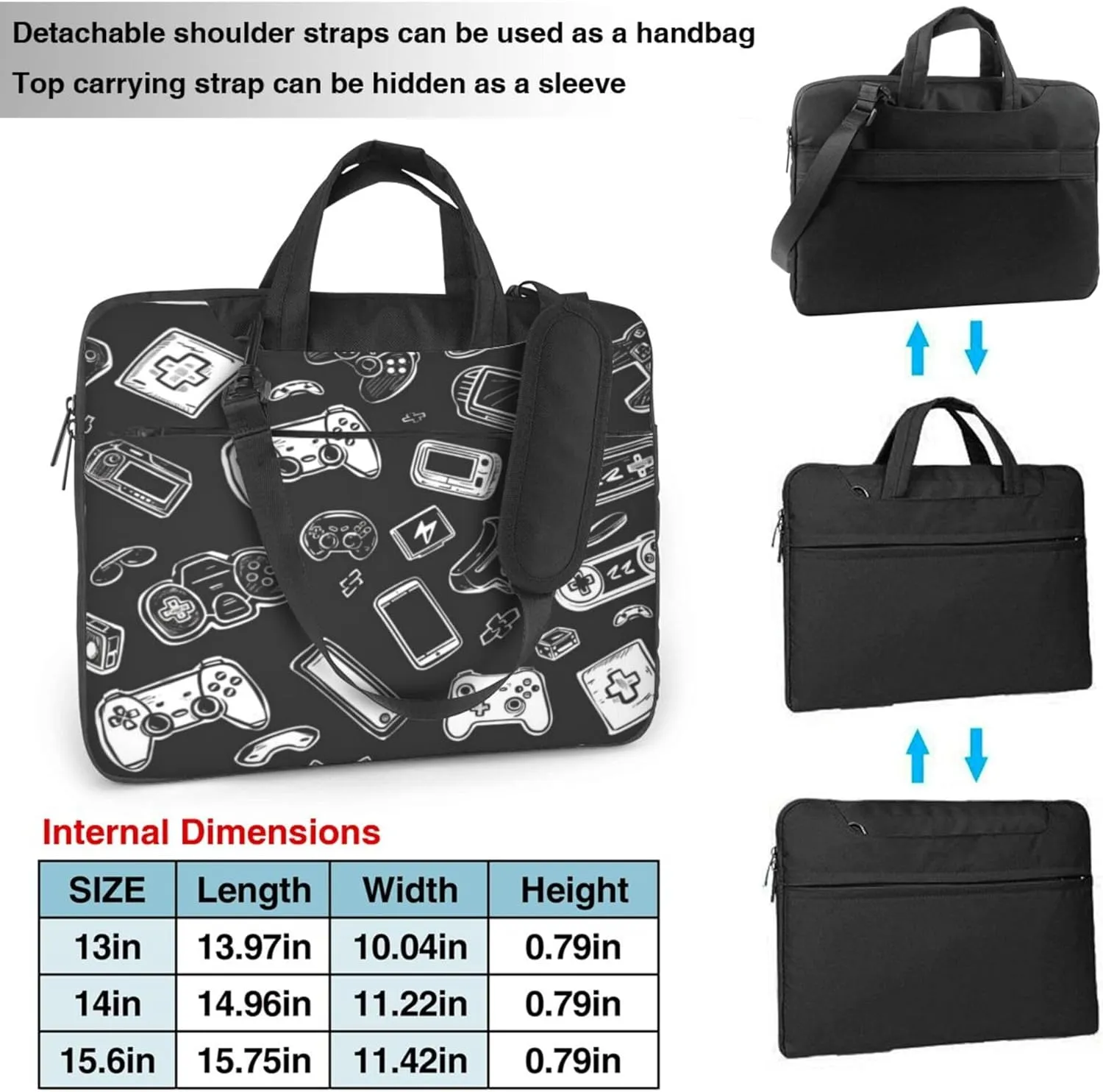 Black Gamepad Laptop Shoulder Bag for Women, Game Pattern Laptop Sleeve Case Durable Computer Bag