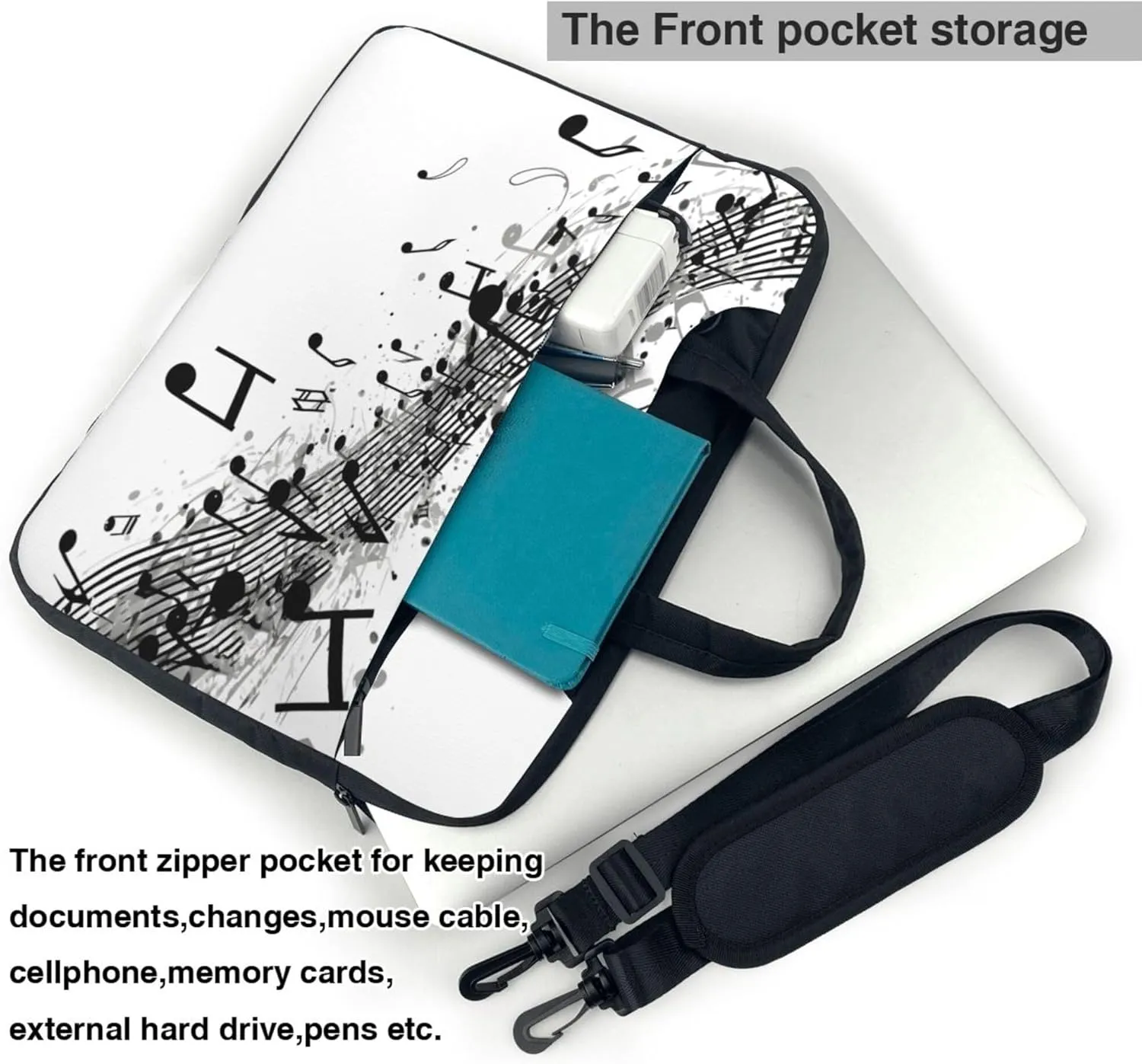 Black Music Note Pattern Laptop Shoulder Bag for Women, Laptop Sleeve Case Durable Computer Bag