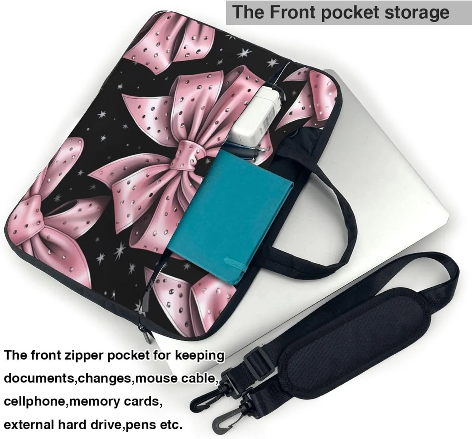 Black Pink Bow Pattern Laptop Shoulder Bag for Women, Laptop Sleeve Case Durable Computer Bag