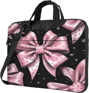 Black Pink Bow Pattern Laptop Shoulder Bag for Women, Laptop Sleeve Case Durable Computer Bag