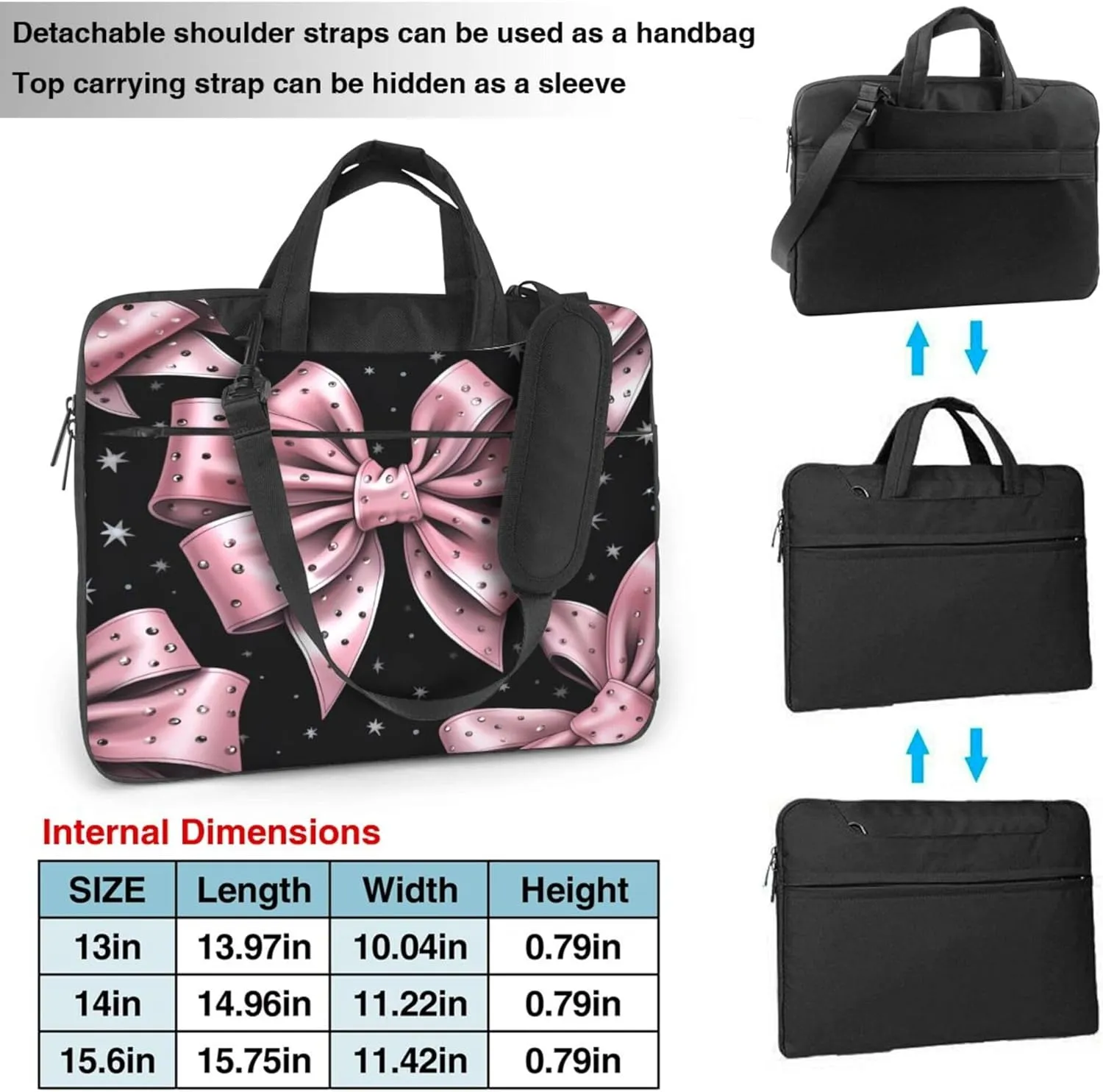 Black Pink Bow Pattern Laptop Shoulder Bag for Women, Laptop Sleeve Case Durable Computer Bag