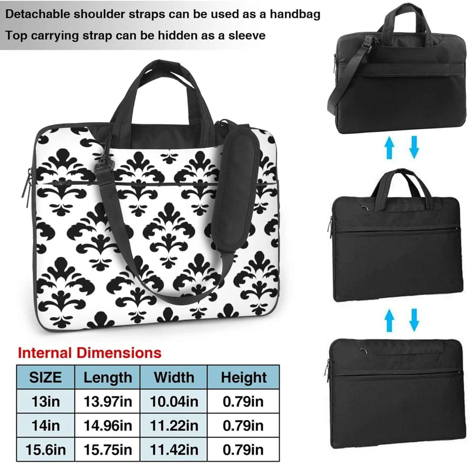 Black White Ethnic Flower Laptop Shoulder Bag for Women, Laptop Sleeve Case Durable Computer Bag