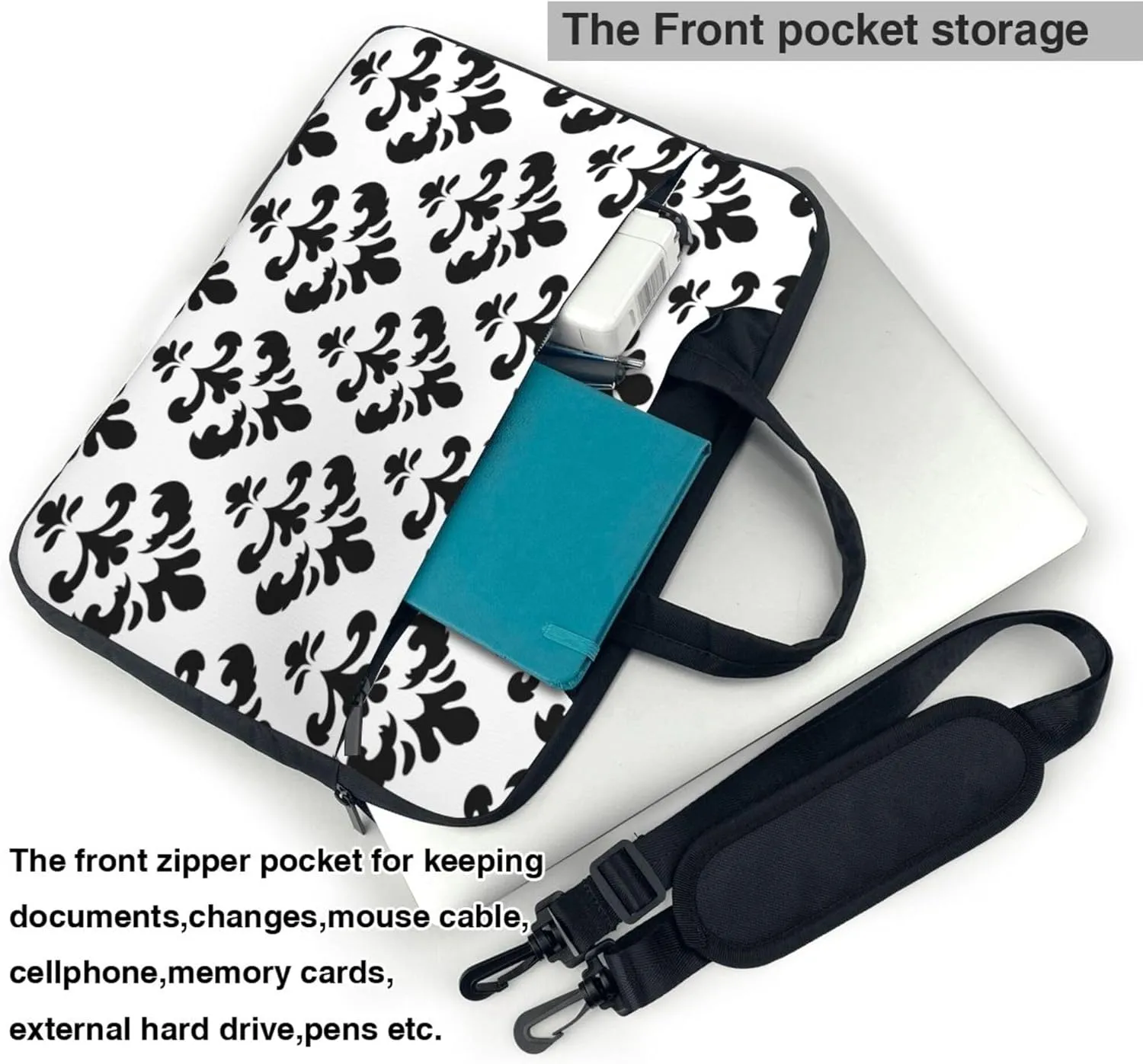 Black White Ethnic Flower Laptop Shoulder Bag for Women, Laptop Sleeve Case Durable Computer Bag