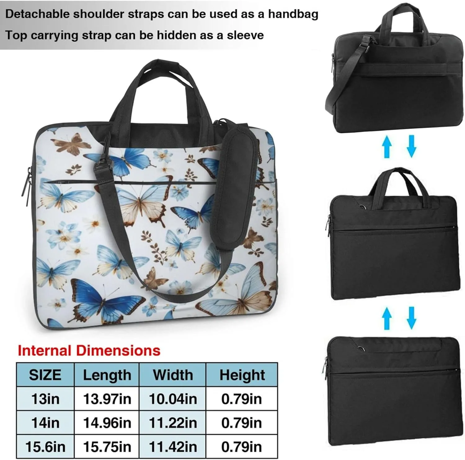 Blue Butterfly Laptop Shoulder Bag for Women, Butterflies Painted Laptop Sleeve Case Durable Computer Bag