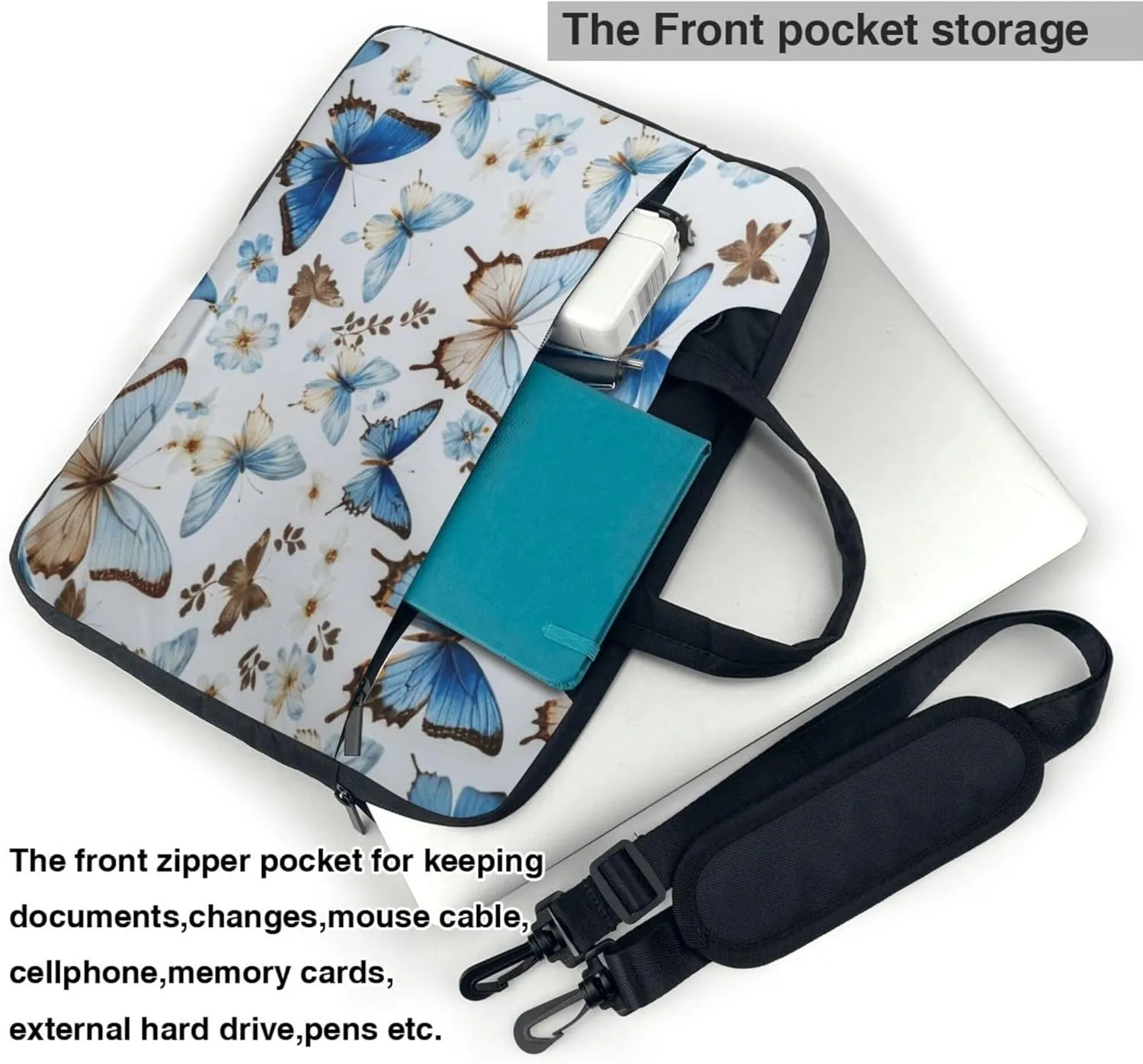 Blue Butterfly Laptop Shoulder Bag for Women, Butterflies Painted Laptop Sleeve Case Durable Computer Bag