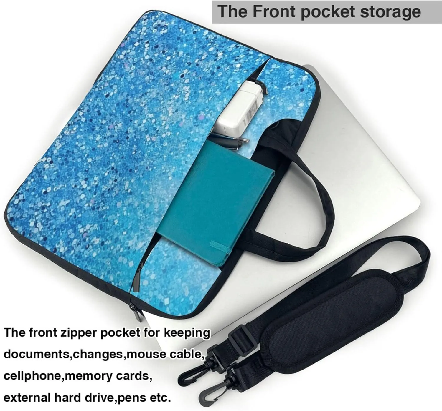 Blue Glitter Laptop Shoulder Bag for Women, Galaxy Glitter Laptop Sleeve Case Durable Computer Bag
