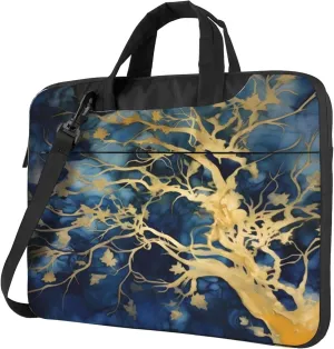 Blue Gold Leaves Laptop Shoulder Bag for Women, Laptop Sleeve Case Durable Computer Bag