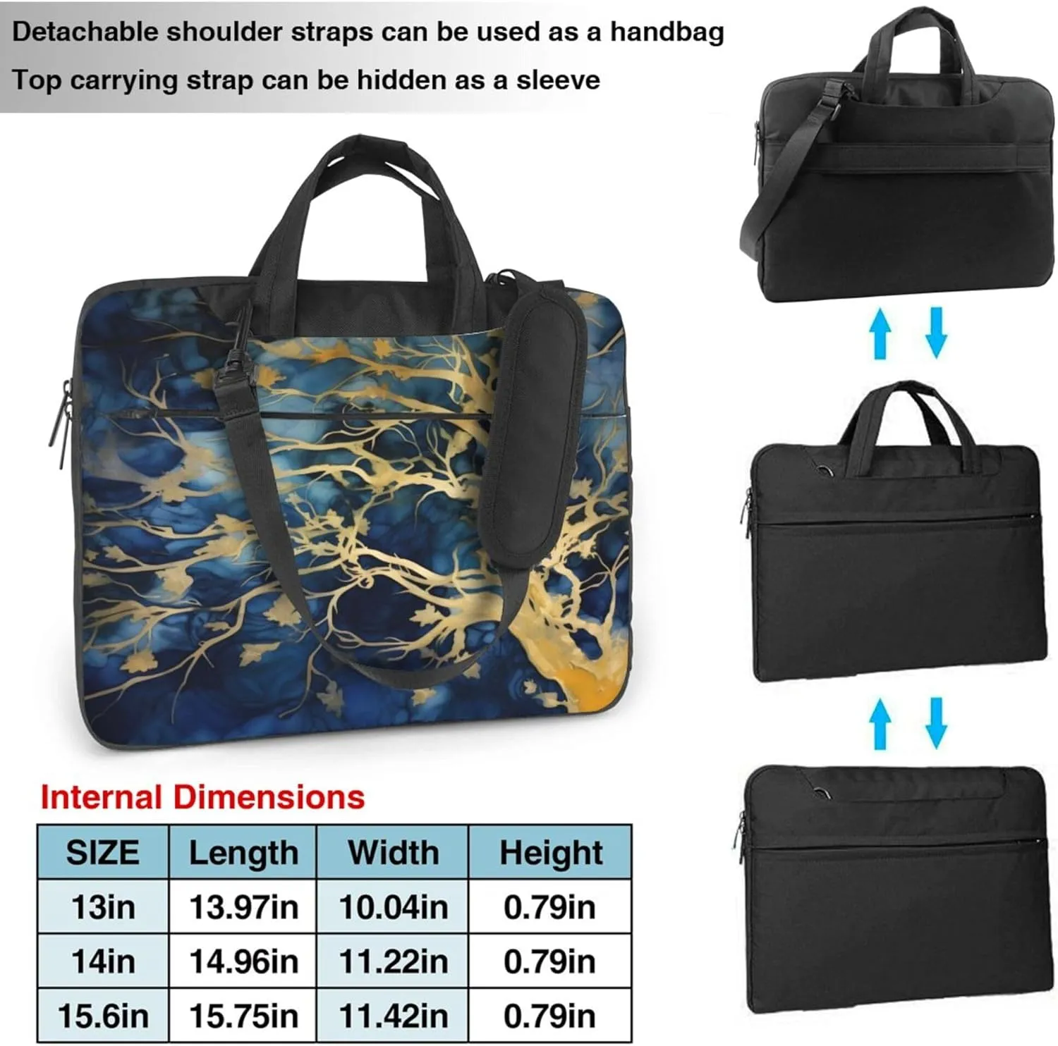 Blue Gold Leaves Laptop Shoulder Bag for Women, Laptop Sleeve Case Durable Computer Bag