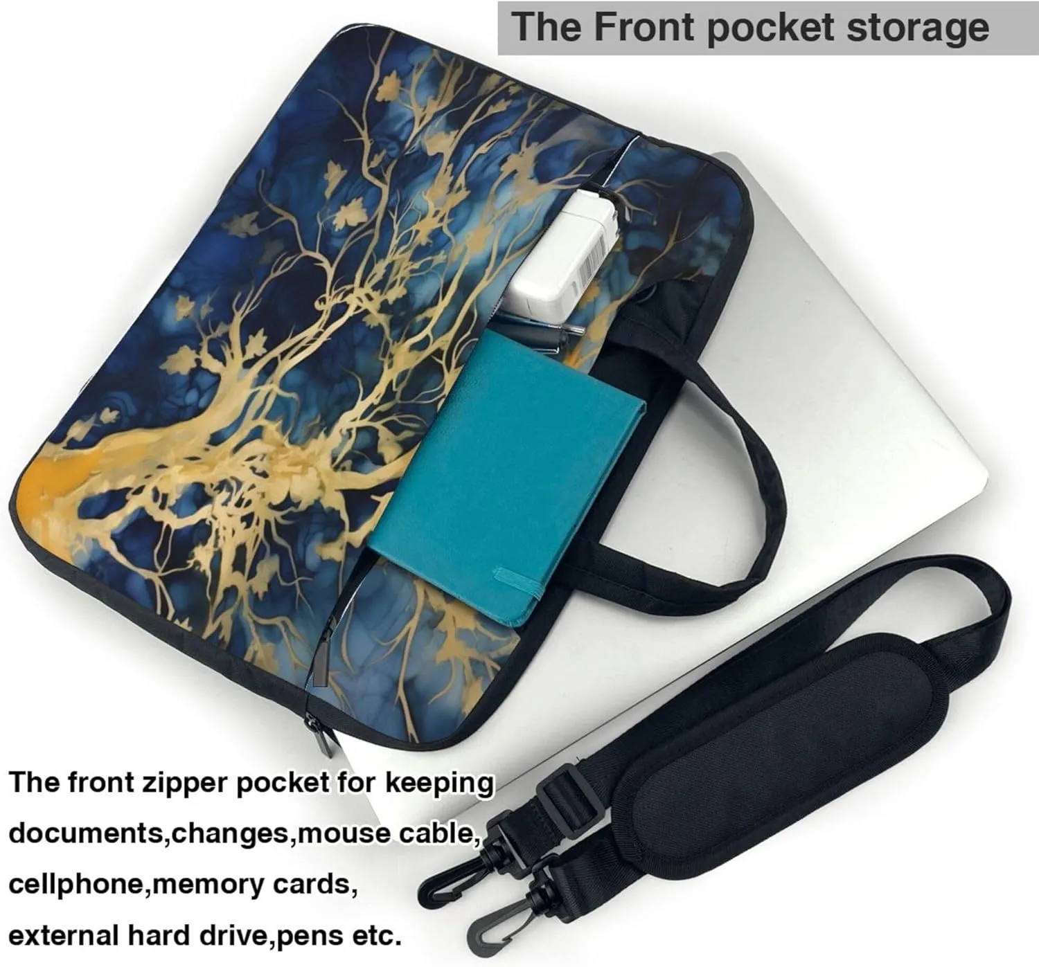 Blue Gold Leaves Laptop Shoulder Bag for Women, Laptop Sleeve Case Durable Computer Bag