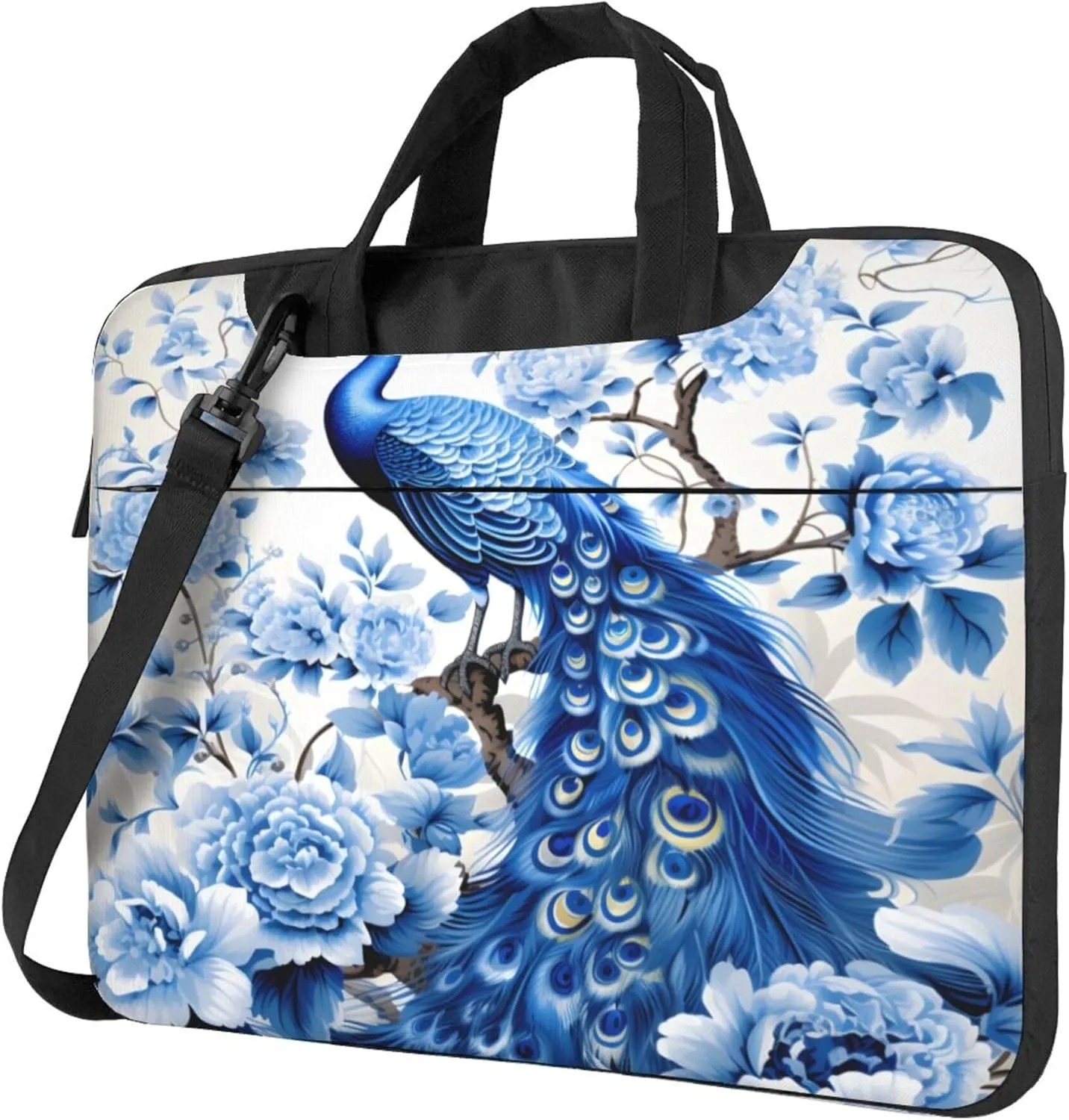 Blue Peacock Floral Laptop Shoulder Bag for Women, Laptop Sleeve Case Durable Computer Bag