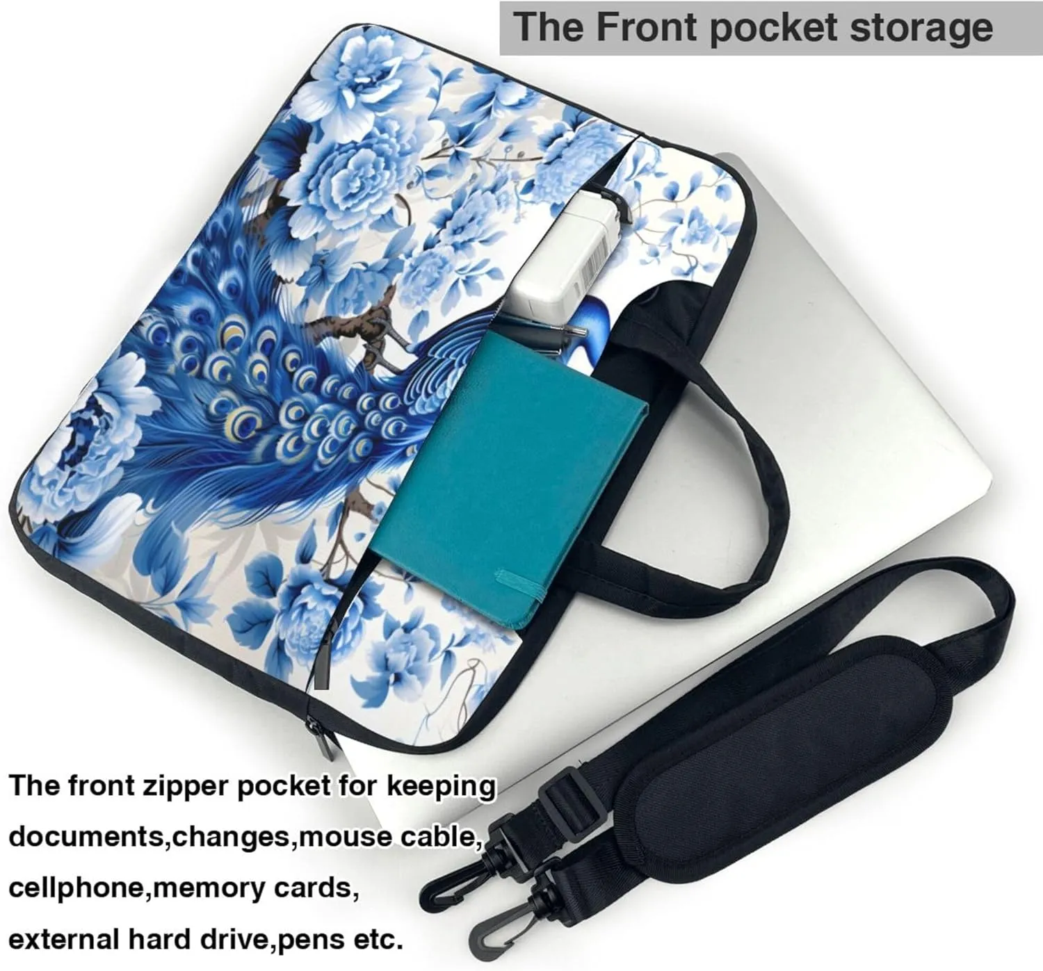 Blue Peacock Floral Laptop Shoulder Bag for Women, Laptop Sleeve Case Durable Computer Bag