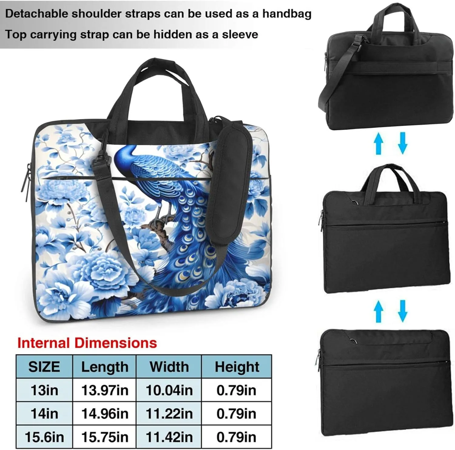 Blue Peacock Floral Laptop Shoulder Bag for Women, Laptop Sleeve Case Durable Computer Bag