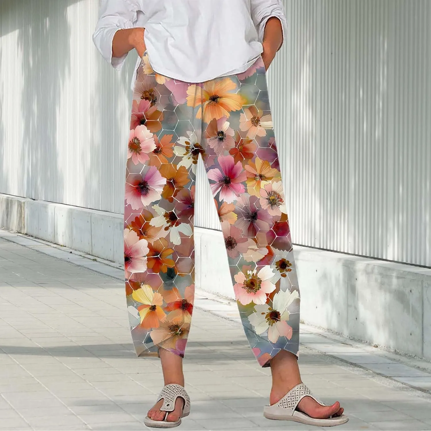 Boho Cotton Linen Pants for Womens Summer Floral Capri Pants Wide Leg Comfy Baggy Palazzo Trousers