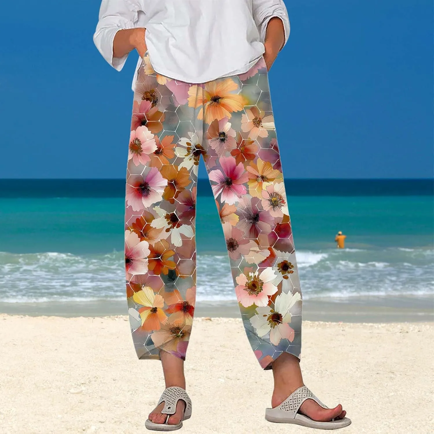 Boho Cotton Linen Pants for Womens Summer Floral Capri Pants Wide Leg Comfy Baggy Palazzo Trousers