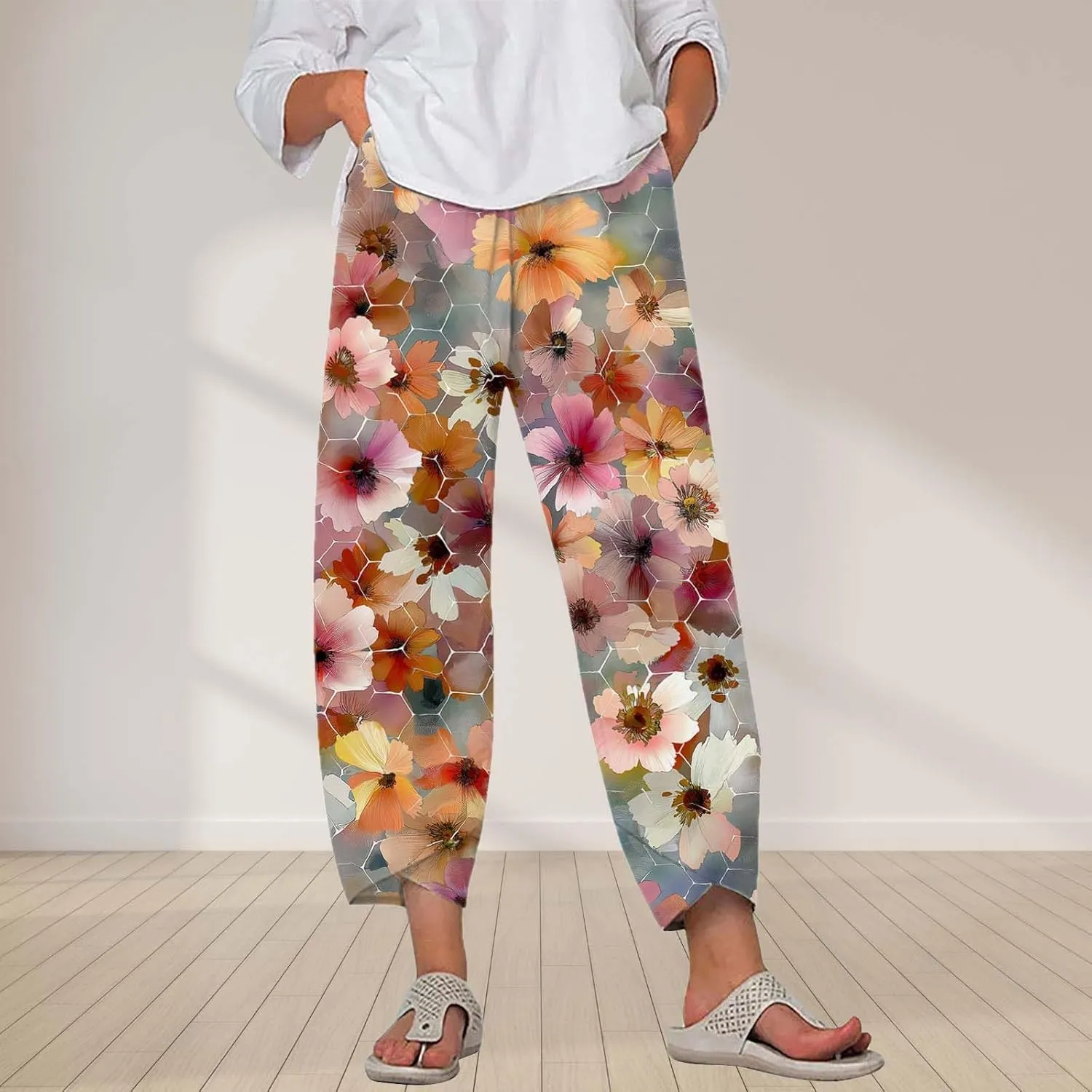 Boho Cotton Linen Pants for Womens Summer Floral Capri Pants Wide Leg Comfy Baggy Palazzo Trousers