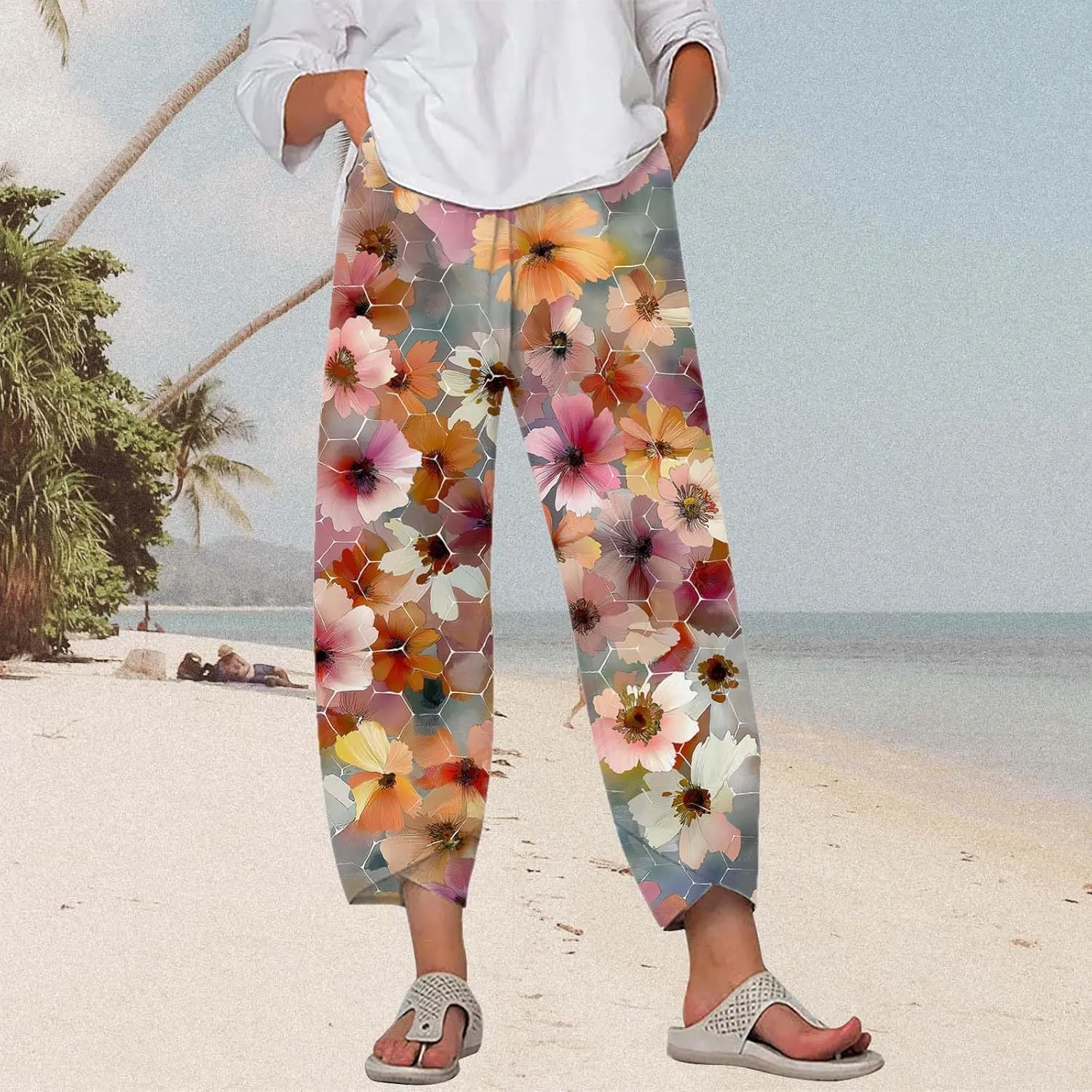 Boho Cotton Linen Pants for Womens Summer Floral Capri Pants Wide Leg Comfy Baggy Palazzo Trousers