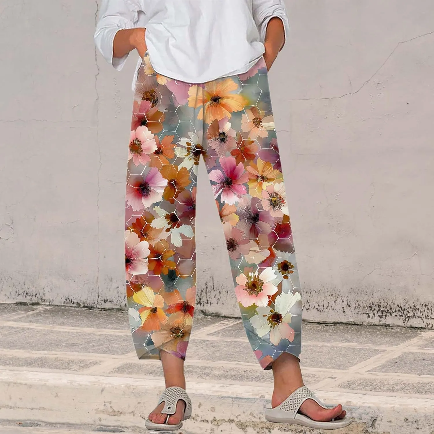 Boho Cotton Linen Pants for Womens Summer Floral Capri Pants Wide Leg Comfy Baggy Palazzo Trousers