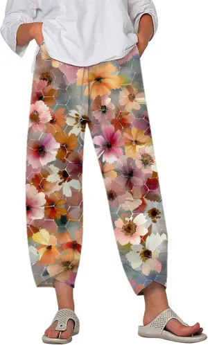 Boho Cotton Linen Pants for Womens Summer Floral Capri Pants Wide Leg Comfy Baggy Palazzo Trousers
