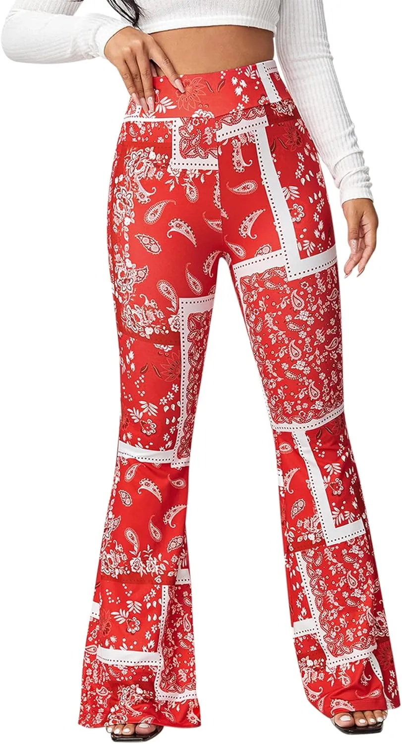 Boho Flare Pants for Women - Rave High Waisted Bell Bottom Retro 70s Disco EDM Floral Wide Leg Legging