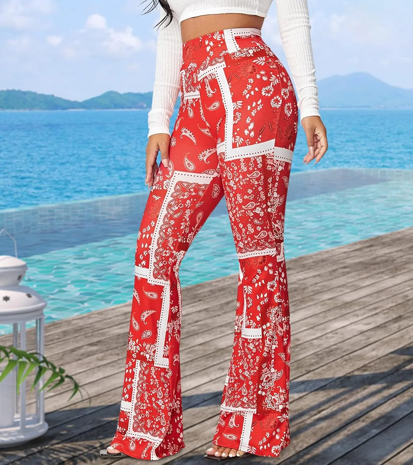 Boho Flare Pants for Women - Rave High Waisted Bell Bottom Retro 70s Disco EDM Floral Wide Leg Legging