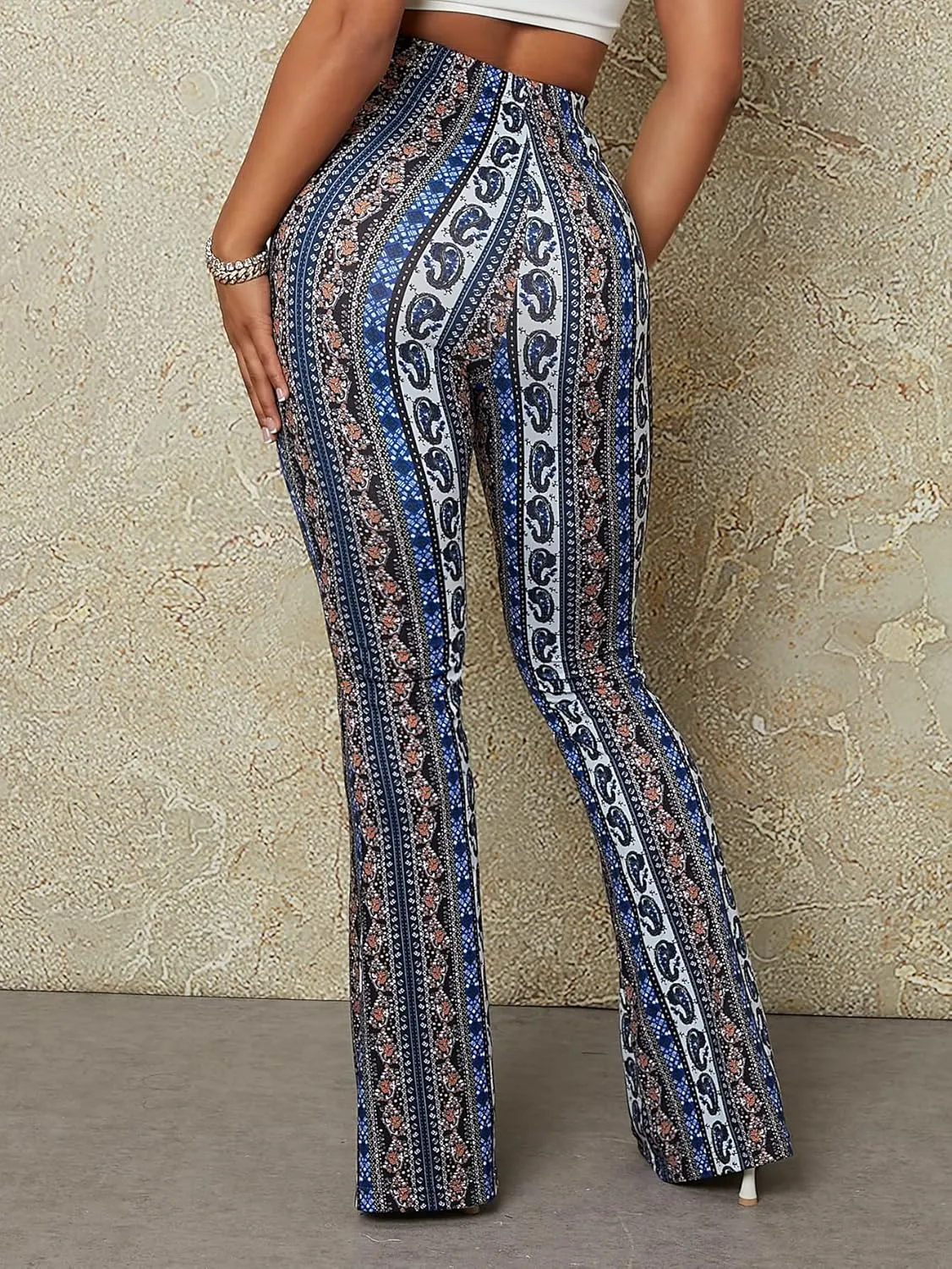 Boho Flare Pants for Women - Rave High Waisted Bell Bottom Retro 70s Disco EDM Floral Wide Leg Legging