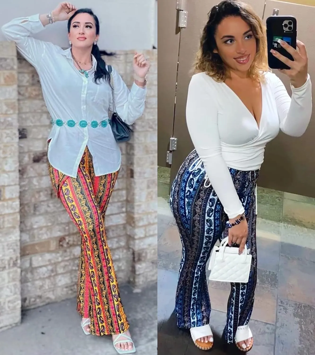 Boho Flare Pants for Women - Rave High Waisted Bell Bottom Retro 70s Disco EDM Floral Wide Leg Legging