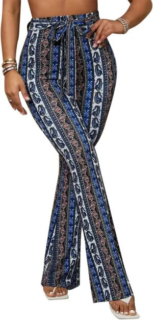 Boho Flare Pants for Women - Rave High Waisted Bell Bottom Retro 70s Disco EDM Floral Wide Leg Legging